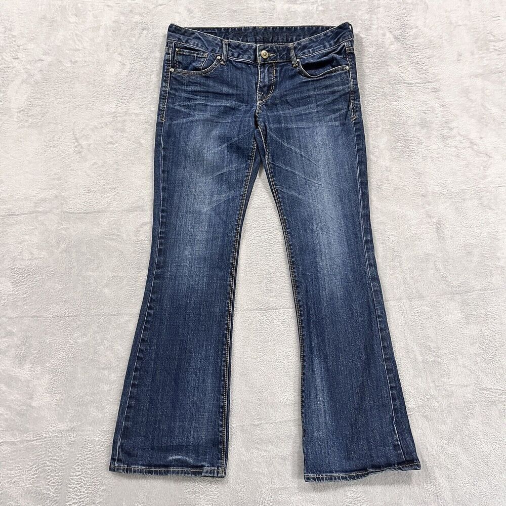 Express Jeans 32x29.5‎ Bootcut Low Rise Whiskered Embroidered Blue Denim